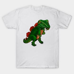 Dinosaur - green and orange dinosaur with sharp teeth fangs T-Shirt